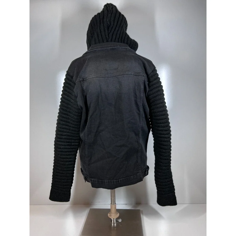 NWT Leif Nelson Black Knitted Sleeves‎ Hooded Denim Jacket Mens SZ Large LN5240